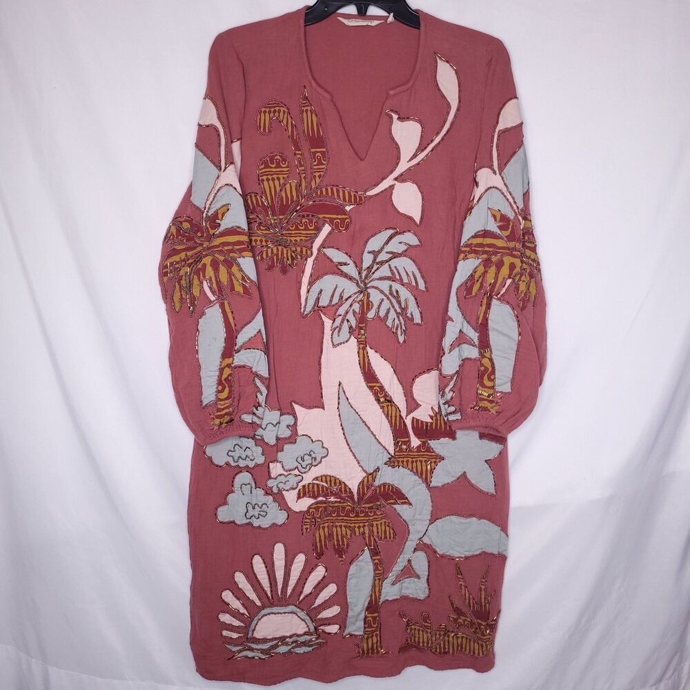 Soft Surroundings Dress Small Tierra Gauze Beaded Palm Tree Kaftan
